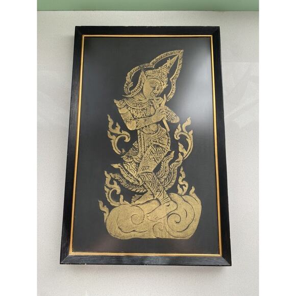 Vintage Frame Thai/Cambodian Temple Rubbing Art Traditional Musician - Gold